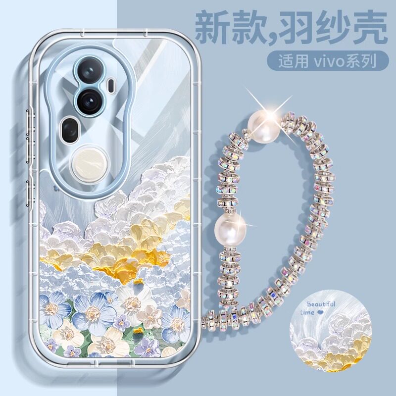 适用vivoS30手机壳Promini透明S20pro韩系S19花朵vivo时尚油画羽纱女vovos气囊防摔带手链全包女款硅胶保护套