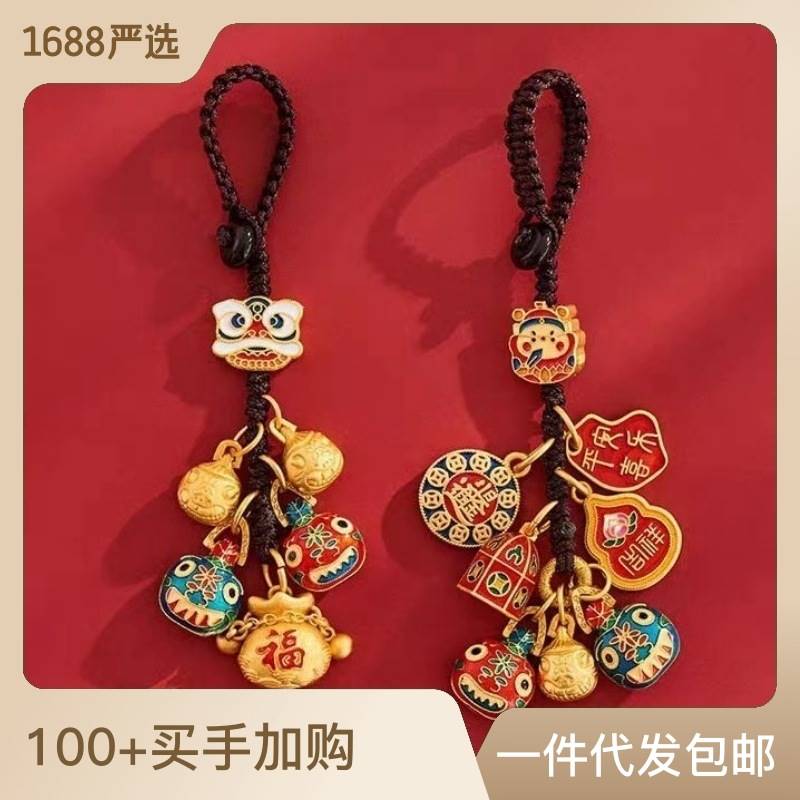 鑰匙扣沙金銅財神爺一家三口四口吞金獸古法金掛飾汽車鑰匙鏈掛件