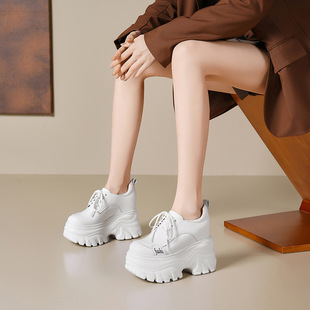 春季新款真皮12cm内增高小白鞋女厚底松糕女鞋小个子高跟运动单鞋