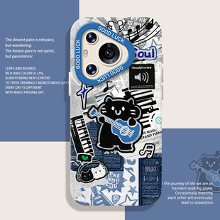 摇滚猫咪手机壳适用华为pura80pro涂鸦mate70小猫nova14新款 p60文艺13复古50挂绳40高级感12小众30