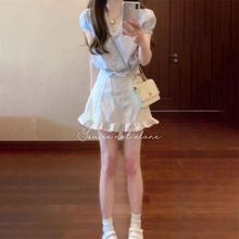 韩系独特绝美小套装法式提花蓝色衬衫半身裙子2025超火两件套夏装