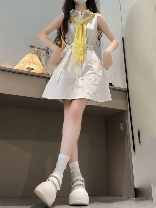 法式学院风白色衬衫连衣裙子女夏季2025年新款小个子收腰无袖短裙