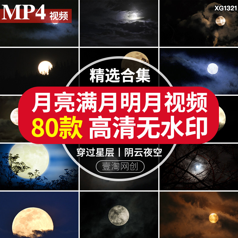 夜晚月亮树枝明月光圆月蓝月满月阴云夜空乌云穿行过云层视频素材