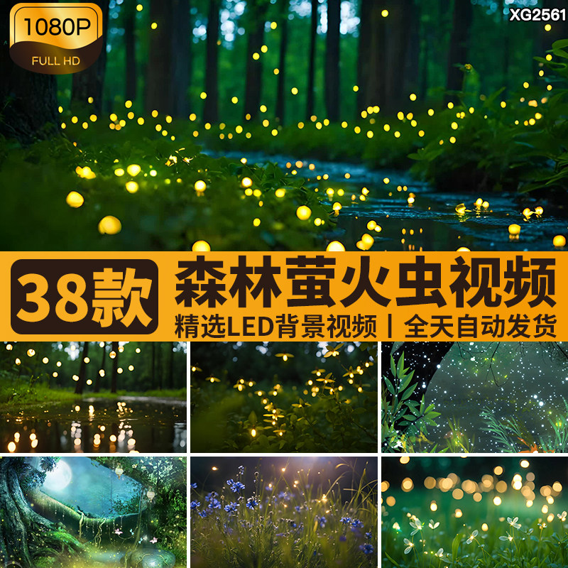 森林树林夜晚萤火虫梦幻童话唯美夜晚风景LED大屏幕背景视频素材
