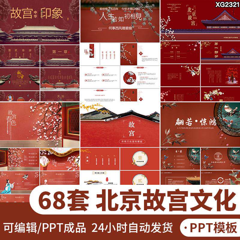 中国古风红色北京故宫印象古典宫殿宫廷建筑景点传统文化PPT模板