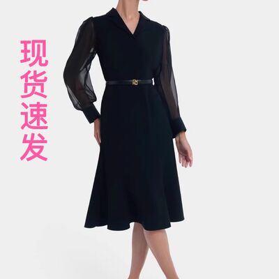现货宝家女装早秋新款气质西装领透视袖造型优雅收腰连衣裙