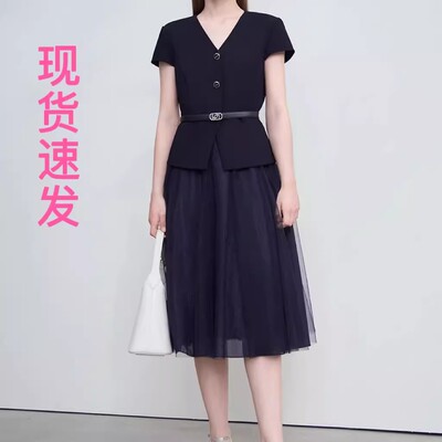 现货宝家女装2025春夏新款优雅淑女假两件拼接网纱连衣裙