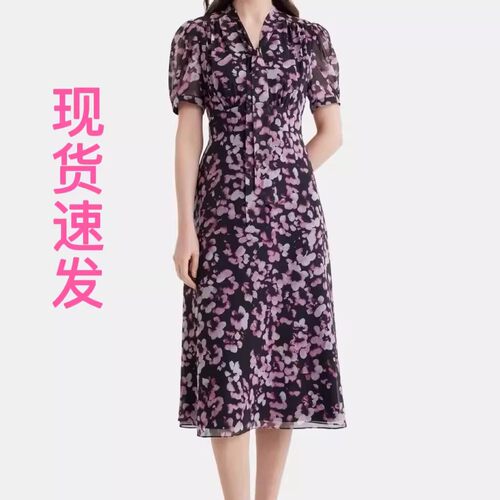 现货宝家女装2025春夏新款气质优雅泡泡袖印花系带v领收腰连衣裙