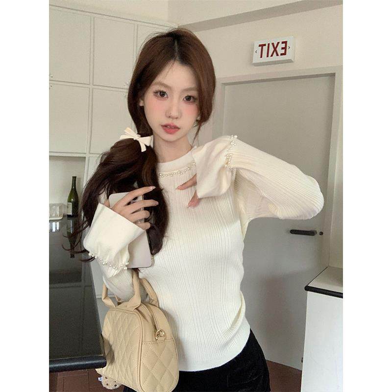 绝美钉珠高级打底衫女秋冬法式喇叭袖针织衫内搭修身毛衣洋气上衣,女装/女士精品,毛针织衫,淘宝优惠券,粉丝福利购,淘宝优惠卷
