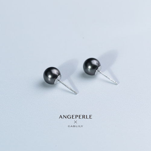 ANGEPERLE/天使之泪海水珍珠大溪地黑珠耳钉S925银耳饰7-8mm
