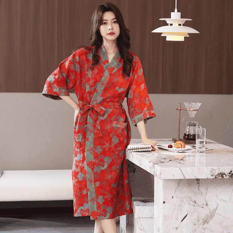 黑日美萨纯棉棉纱浴袍女夏季薄款睡衣男大码睡袍吸水速干浴衣宽松