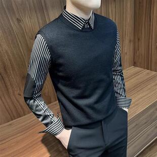 千里马轻奢假两件毛衣男款商务休闲高J级感条纹衬衫领针织打底衫
