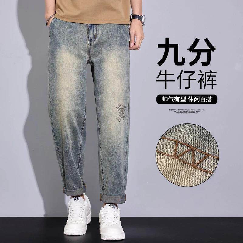 男邦生活馆3夏季薄款微锥小直筒宽松休闲牛仔裤男个性绣花九分裤
