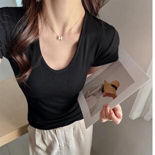 家家帮甄选恋夏风U领T恤洋气衣服女韩系纯欲慵懒风短袖 上衣显瘦