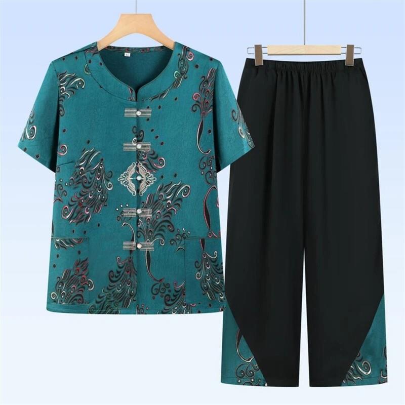 慈福祥梵瑞泽女装专卖2中老年人夏奶奶装绣花短袖衣两件套妈妈装
