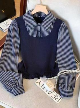 聚崇尚潮流优品洋复古格子衬q衫假两件拼接POLO领女秋冬打底加绒