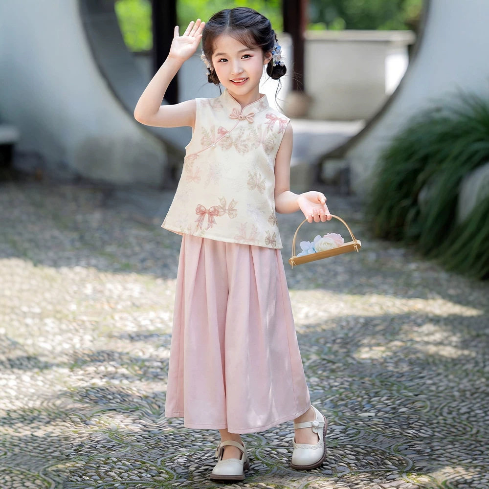 夏季女童汉服印花旗袍阔腿裤套装