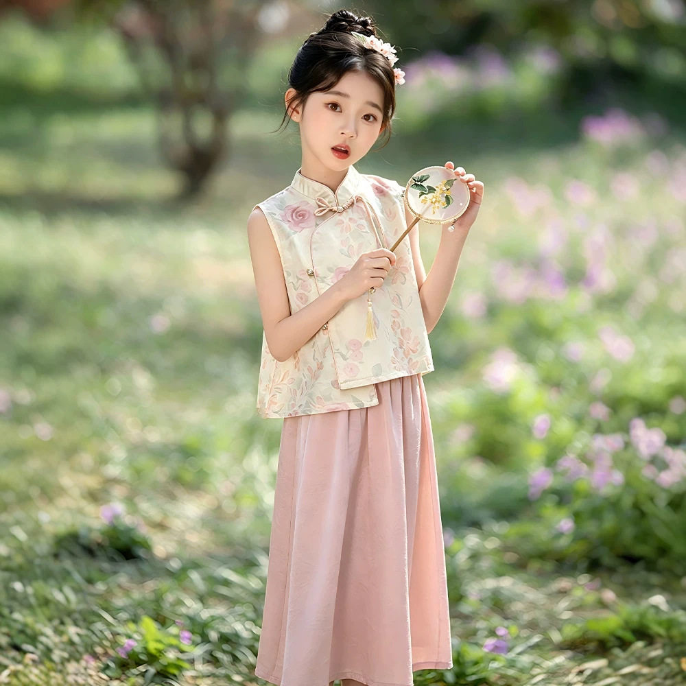 女童新中式无袖马甲汉服套装