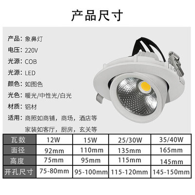 象鼻灯led天花灯嵌入式4000k可调节COB服装店射灯客厅家用牛眼灯