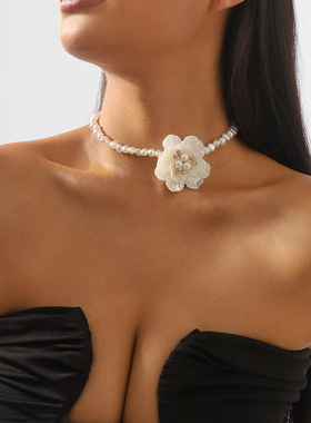 法式复古浪漫立体山茶花珍珠高端项链女 清新甜美气质轻奢颈链女