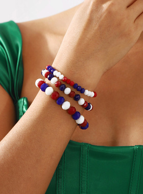 跨境美国独立日水晶珠手饰 夏季新款简约波西米亚风撞色高端手链