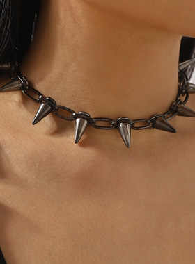 个性街拍嘻哈风柳钉黑色链条项链