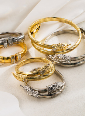 欧美嘻哈朋克风金属风蛇形颈链 夸张时尚镶钻可调节条纹项链手镯