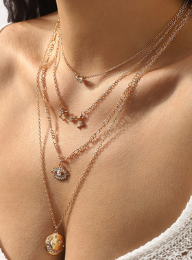 N12613跨境热销几何叠戴项链女欧