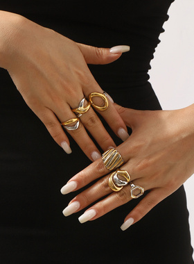 ZR0444不锈钢欧美几何叠戴戒指时