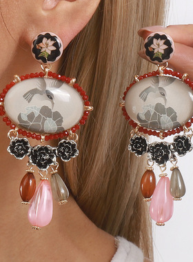 跨境中古轻奢设计高级艺术风格彩色树脂耳环耳饰earings百搭首饰