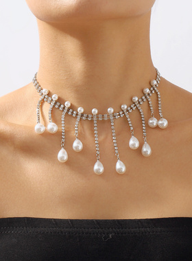 欧美夸张镶钻珍珠流苏项链性感轻