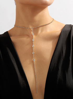 跨境简约性感长款Y型颈链 时髦小众几何水钻奢华高端项链necklace