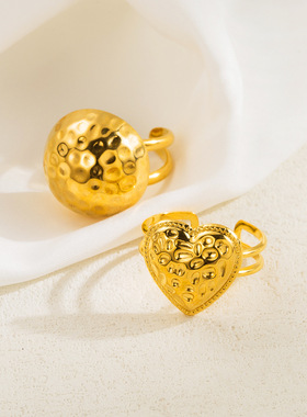 法式胖乎乎锤纹爱心半球奢华气质高端戒指 简约百搭个性时尚指环