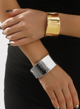 欧美跨境饰品 宽版光面几何设计感个性金属bracelet弹簧高端手镯