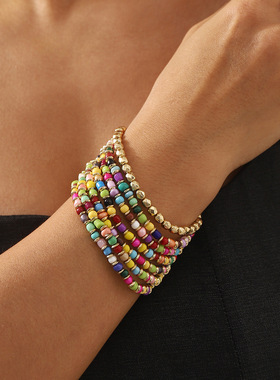 欧美跨境手工串珠高端手链套装女 波西米亚民族风糖果色弹力手串
