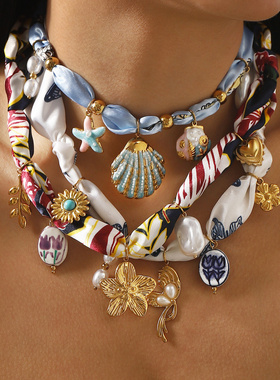 ZN0646跨境花朵陶瓷吊坠丝带项链