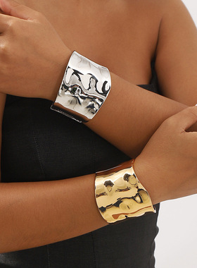 跨境欧美光面几何波浪纹高端手镯 复古宽边弹簧个性夸张开口手环