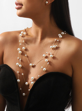 跨境法式新款轻奢珍珠多层高端项链女 优雅小香风设计感耳环颈链