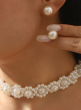 跨境新款仿珍珠锁骨链耳钉气质优