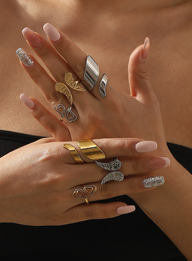 跨境轻奢个性钛钢爱心几何天使翅膀戒指小众设计感调节开口指环女