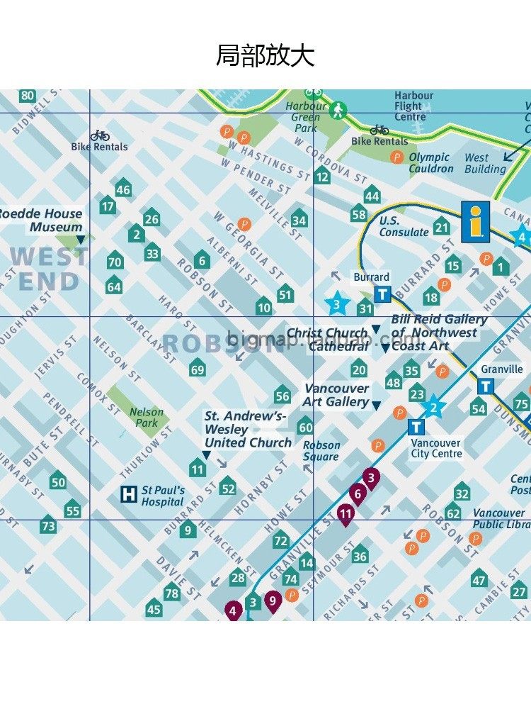 温哥华市区旅游地图英文版downtown vancouver 留学旅行社装饰画