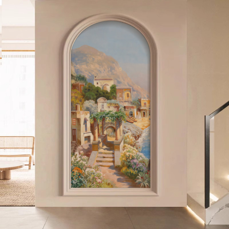 意式复古油画风装饰画壁纸地中海风景墙布定制玄关过道拱形壁画