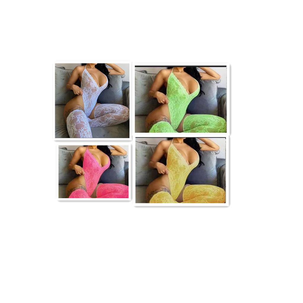 Two-piece sexy lingerie lace deep V halter neck stockings