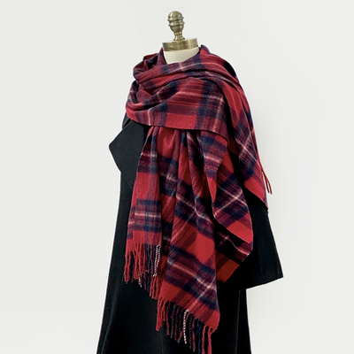 苏格兰大红色格子100%羊毛披肩女秋冬经典设计感流苏围巾外搭两用