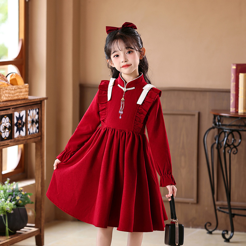 儿童公主裙女童连衣裙秋冬季新中式汉服中大童简约中国风礼服裙子