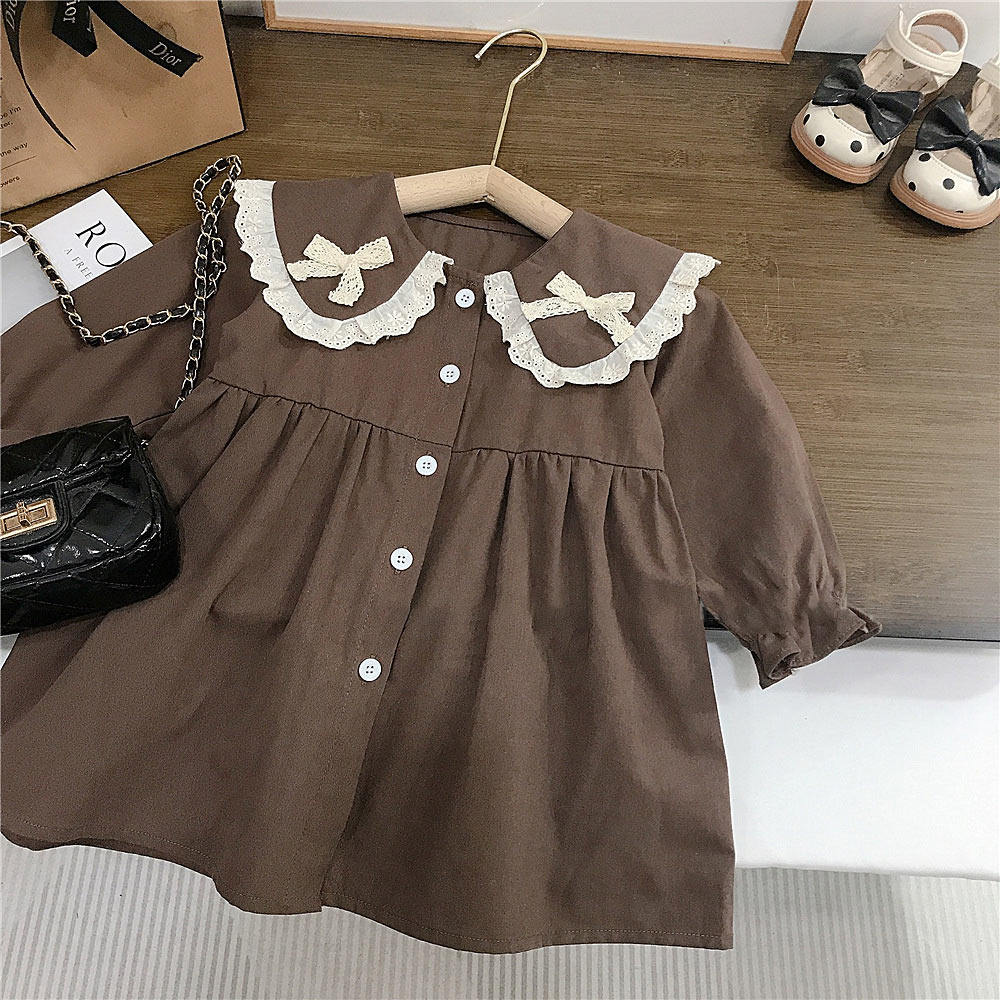 女童娃娃领秋装连衣裙新款甜美蝴蝶结蕾丝女宝宝秋季时尚裙子外贸