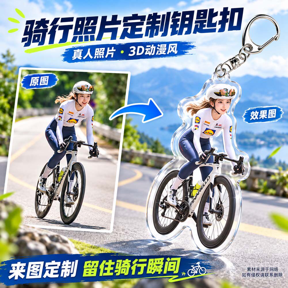 自行车骑行照片定制抖音热门网红钥匙扣定制双面包包挂件送礼首选