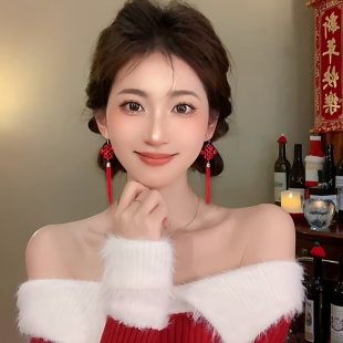 中国风新年红色中国结流苏耳环女复古长款过年耳钉ins网红耳坠喜