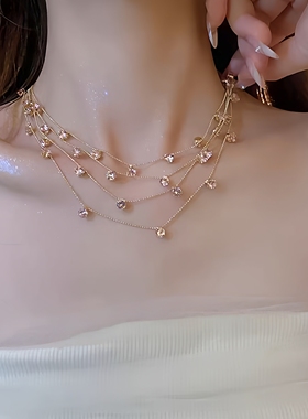 小红书同款多层蓝色水晶吊坠项链