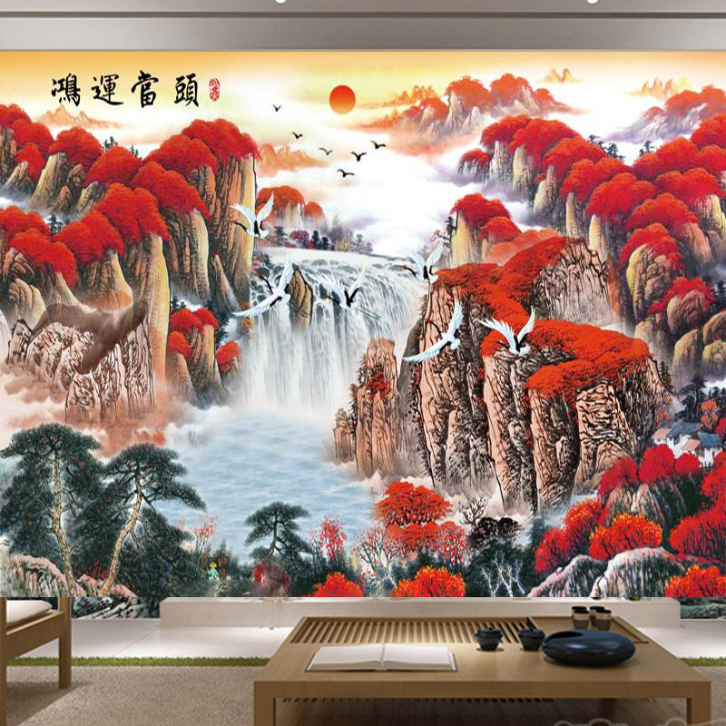 电视背景墙壁纸客厅办公室山水画手绘鸿运当头国画墙纸装饰3d壁画
